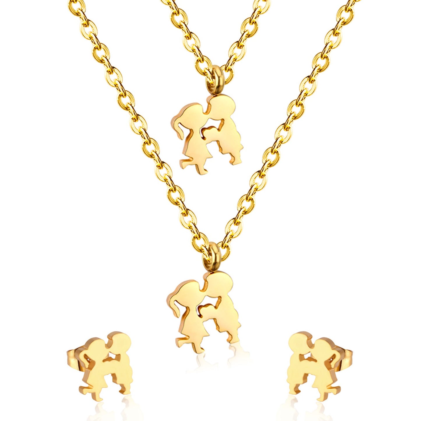 Gold/steel two children playing double chain pendant jewelry set asonjewelry