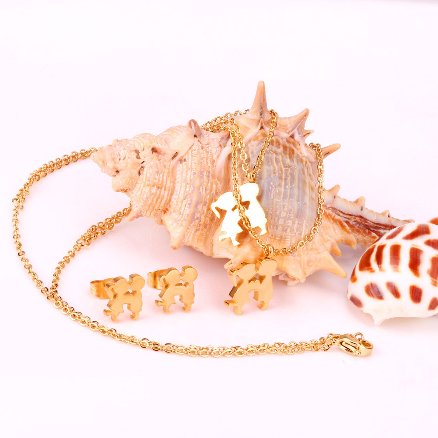 Gold/steel two children playing double chain pendant jewelry set asonjewelry