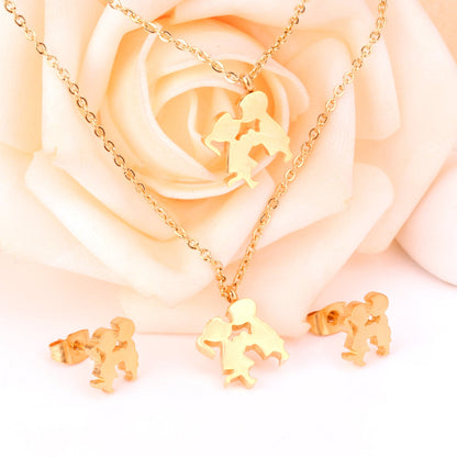 Gold/steel two children playing double chain pendant jewelry set asonjewelry