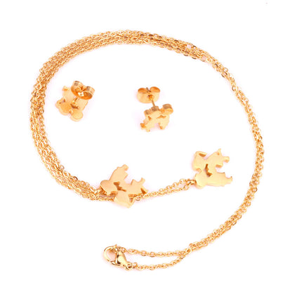 Gold/steel two children playing double chain pendant jewelry set asonjewelry