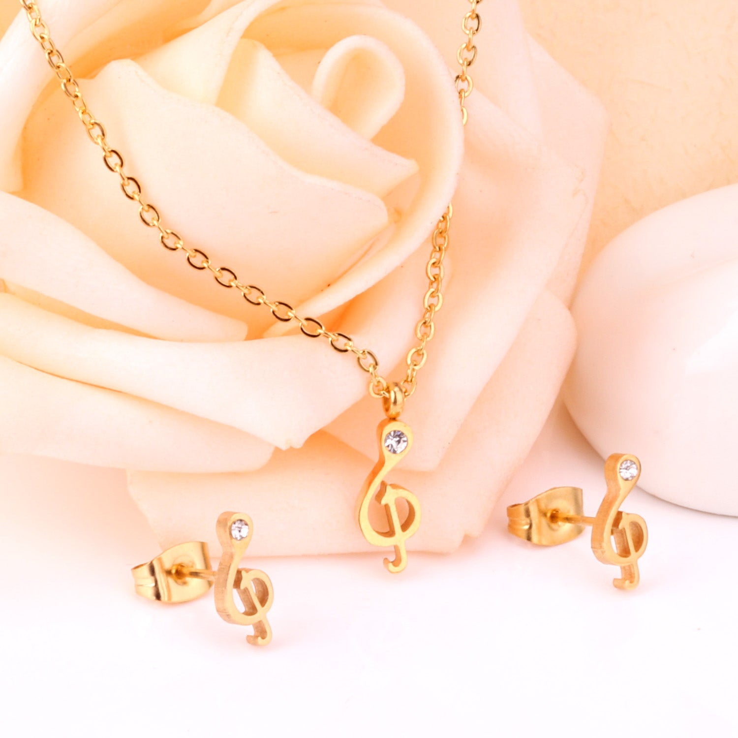 Gold/Steel Music Note Cut Jewelry Set with Diamonds asonjewelry