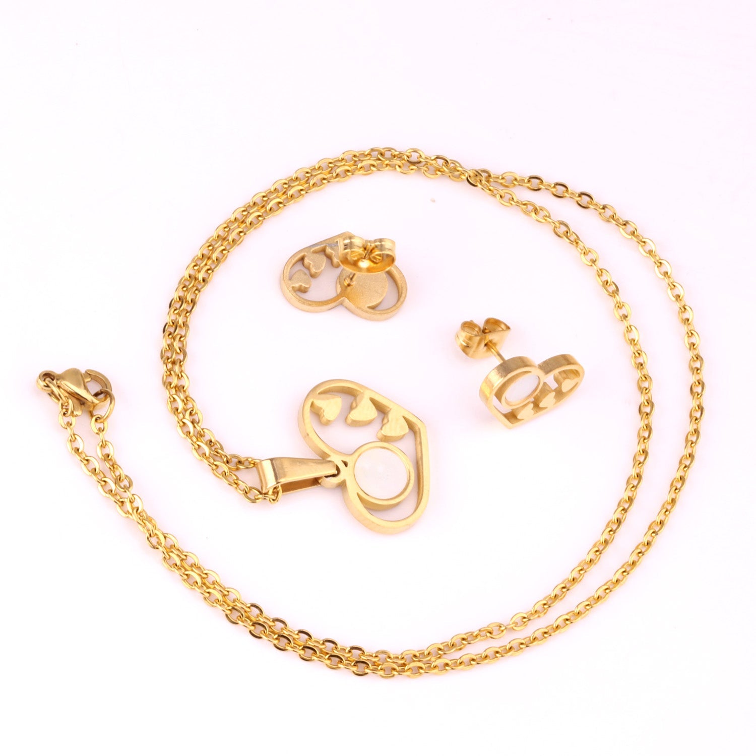 Gold/Steel Wispy Cut Heart Shape White Shell Jewelry Set asonjewelry
