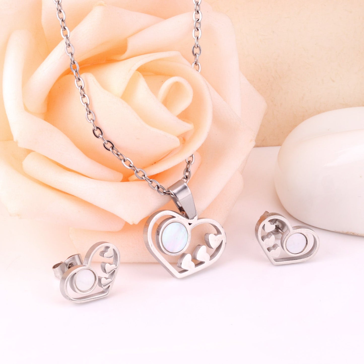 Gold/Steel Wispy Cut Heart Shape White Shell Jewelry Set asonjewelry