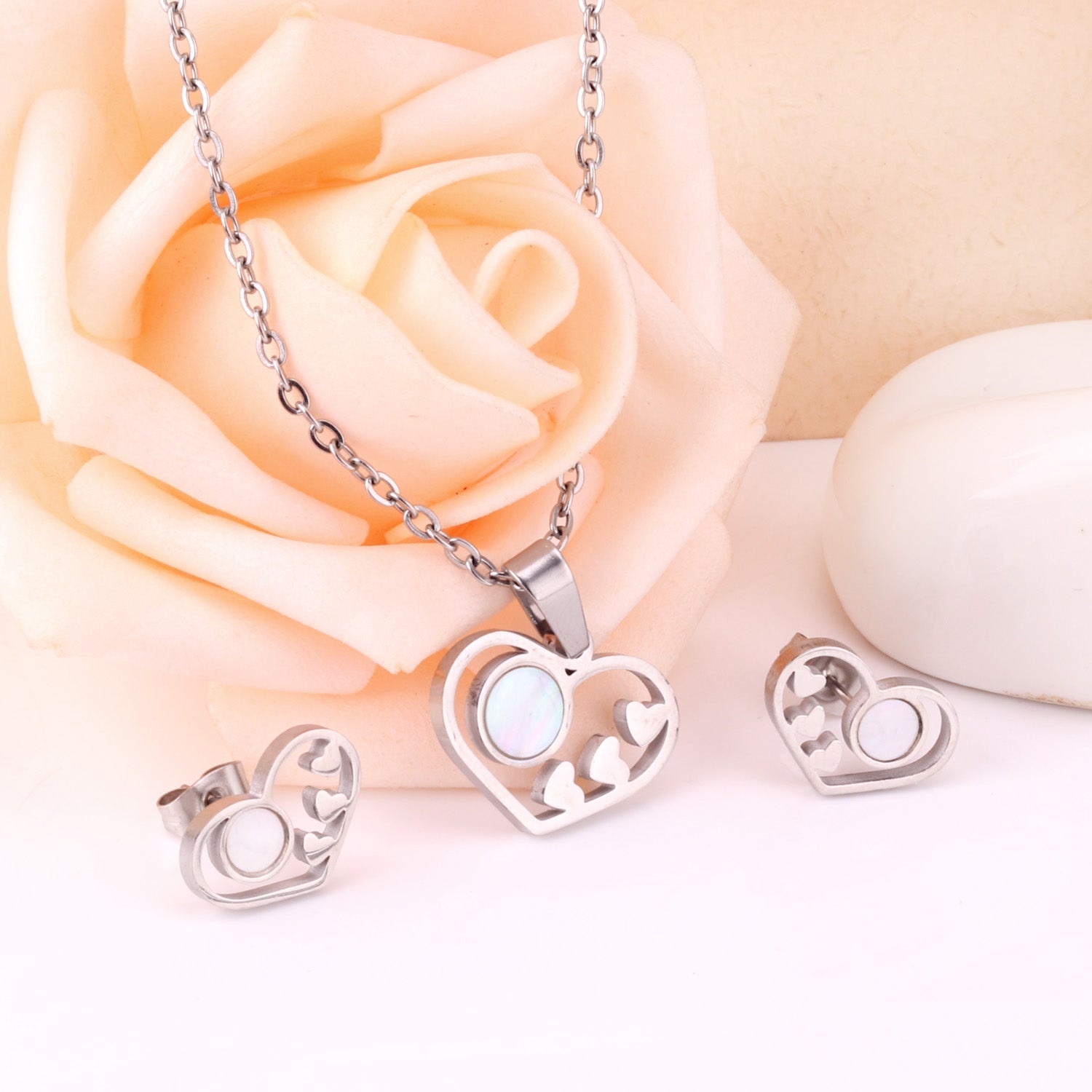 Gold/Steel Wispy Cut Heart Shape White Shell Jewelry Set asonjewelry