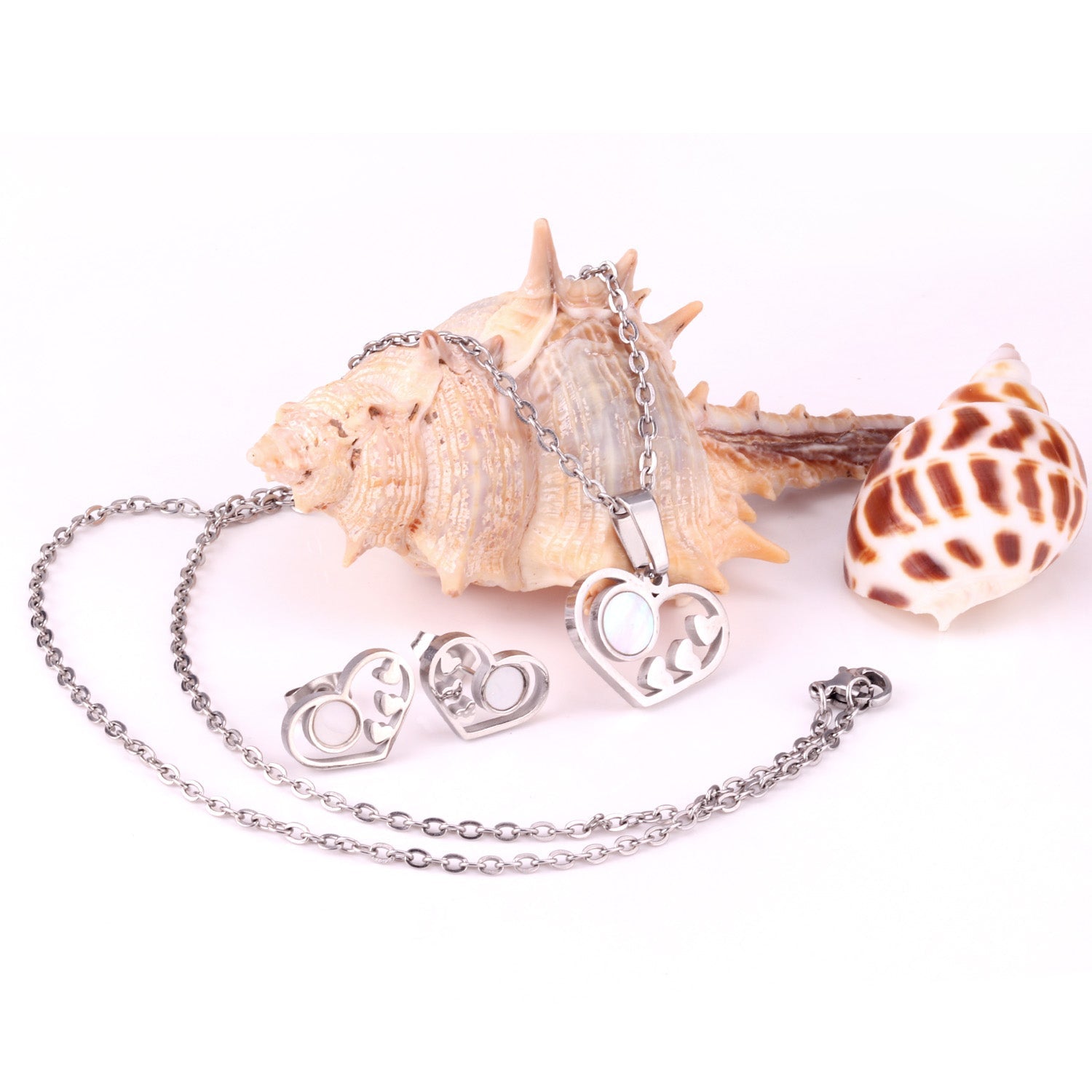 Gold/Steel Wispy Cut Heart Shape White Shell Jewelry Set asonjewelry