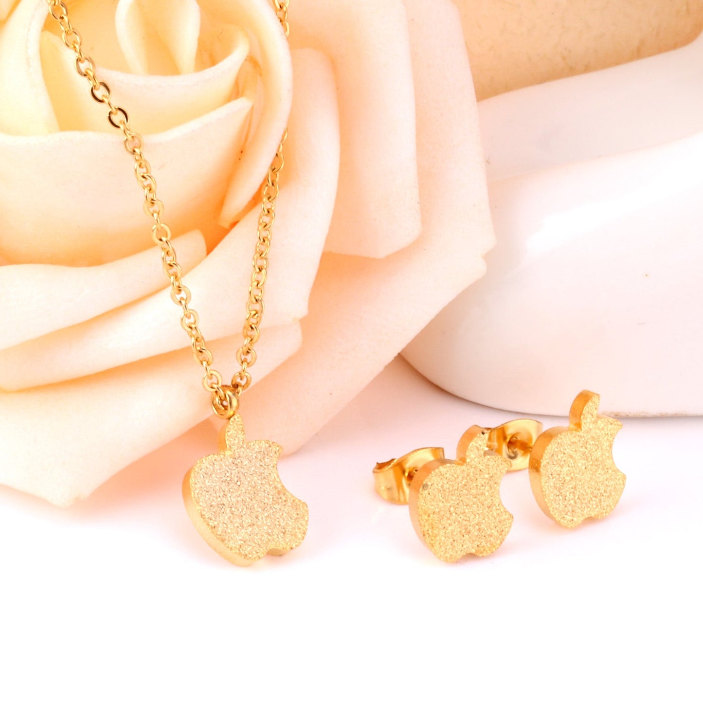 Gold/Steel Cut Apple Takes a Bite Frosted Set without Diamonds asonjewelry