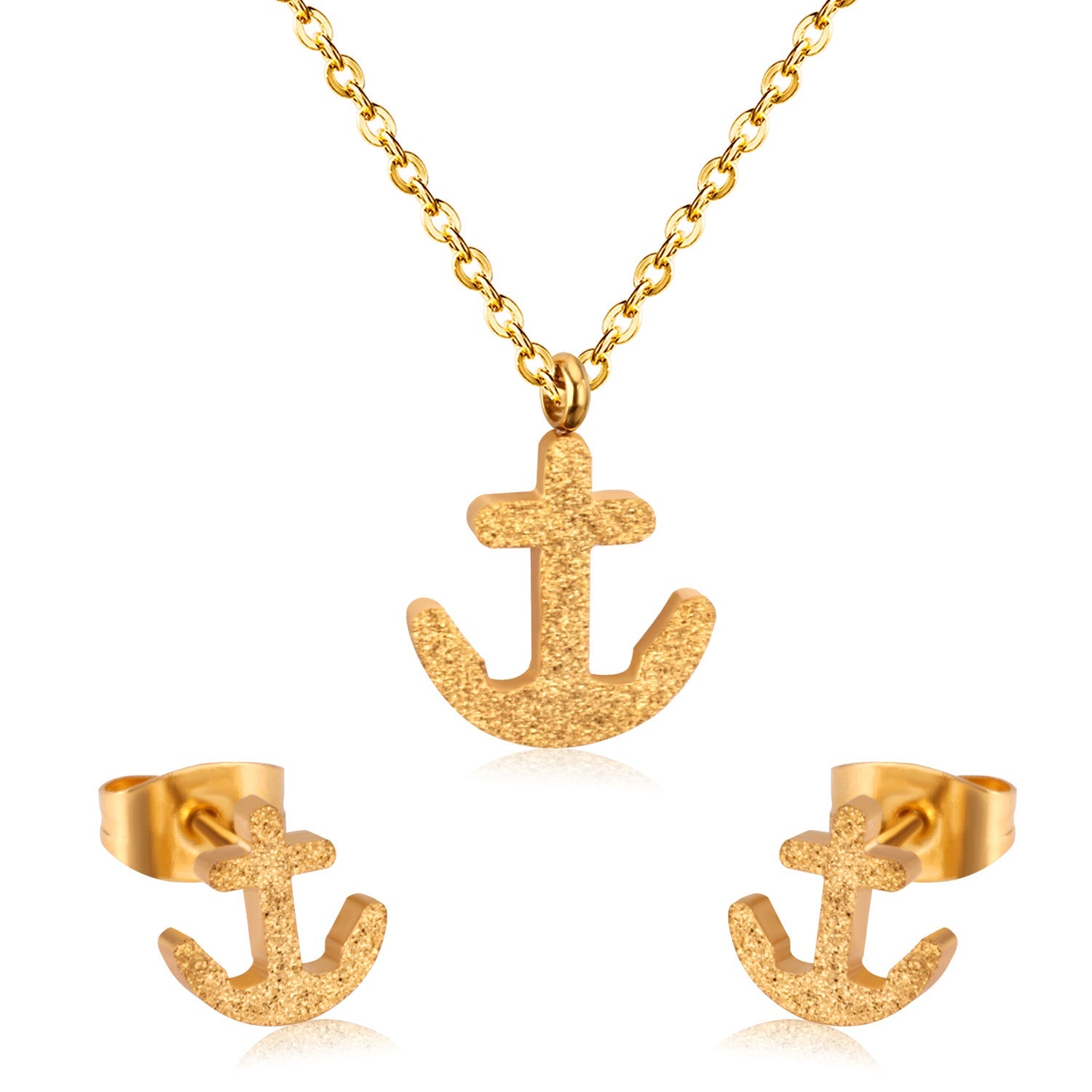 Gold/Steel Frosted/Smooth Cut Anchor Shape Jewelry Set with/without Diamonds asonjewelry