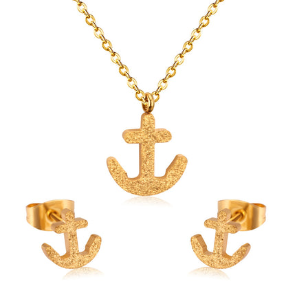 Gold/Steel Frosted/Smooth Cut Anchor Shape Jewelry Set with/without Diamonds asonjewelry