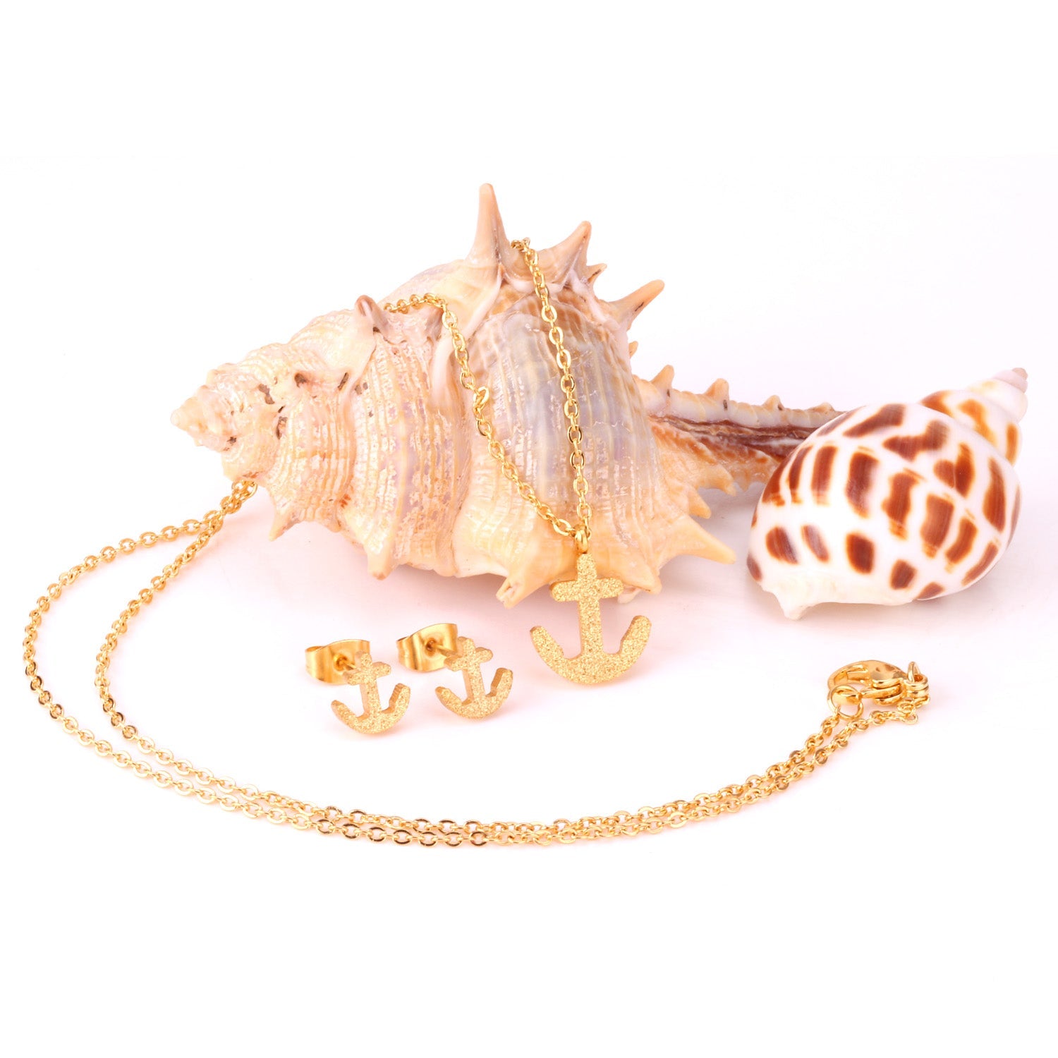 Gold/Steel Frosted/Smooth Cut Anchor Shape Jewelry Set with/without Diamonds asonjewelry