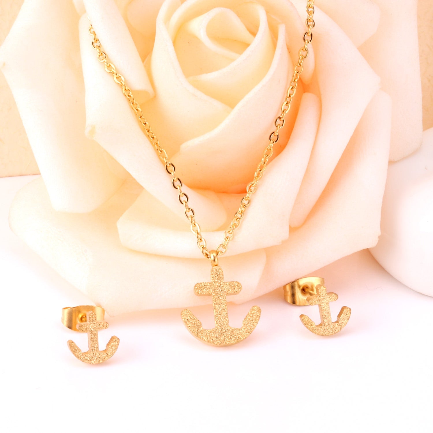 Gold/Steel Frosted/Smooth Cut Anchor Shape Jewelry Set with/without Diamonds asonjewelry