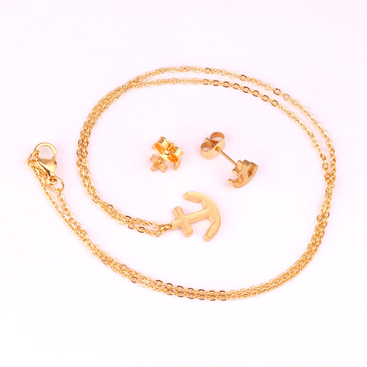 Gold/Steel Frosted/Smooth Cut Anchor Shape Jewelry Set with/without Diamonds asonjewelry