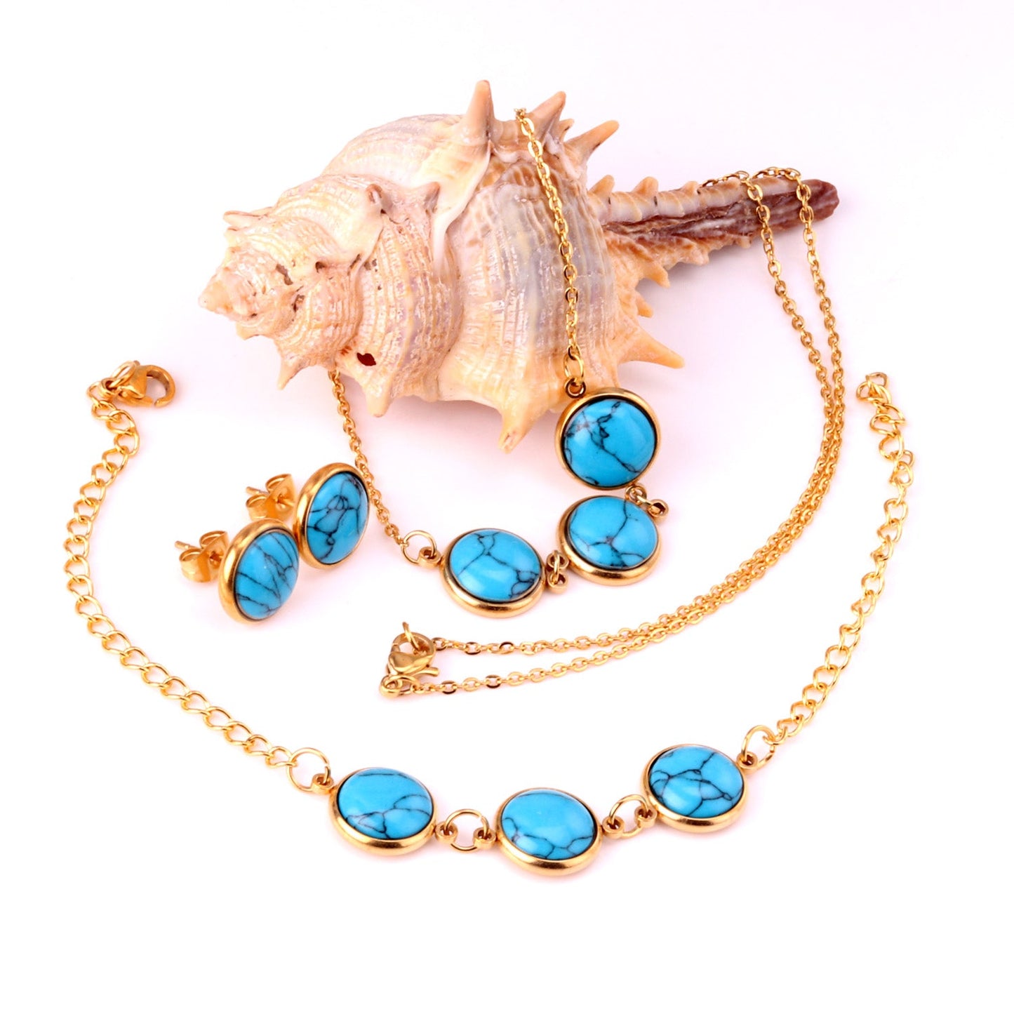 Steel/Gold Deep Red Chrysoberyl/Blue Turquoise/Red Turquoise + Bracelet Jewelry Set asonjewelry