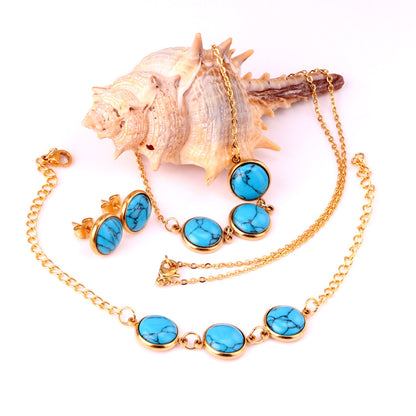 Steel/Gold Deep Red Chrysoberyl/Blue Turquoise/Red Turquoise + Bracelet Jewelry Set asonjewelry