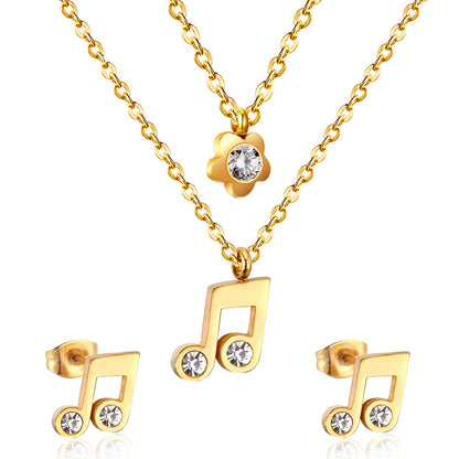 Gold/Steel Two Chain Pendant Jewelry Set with Diamond Music Symbol asonjewelry