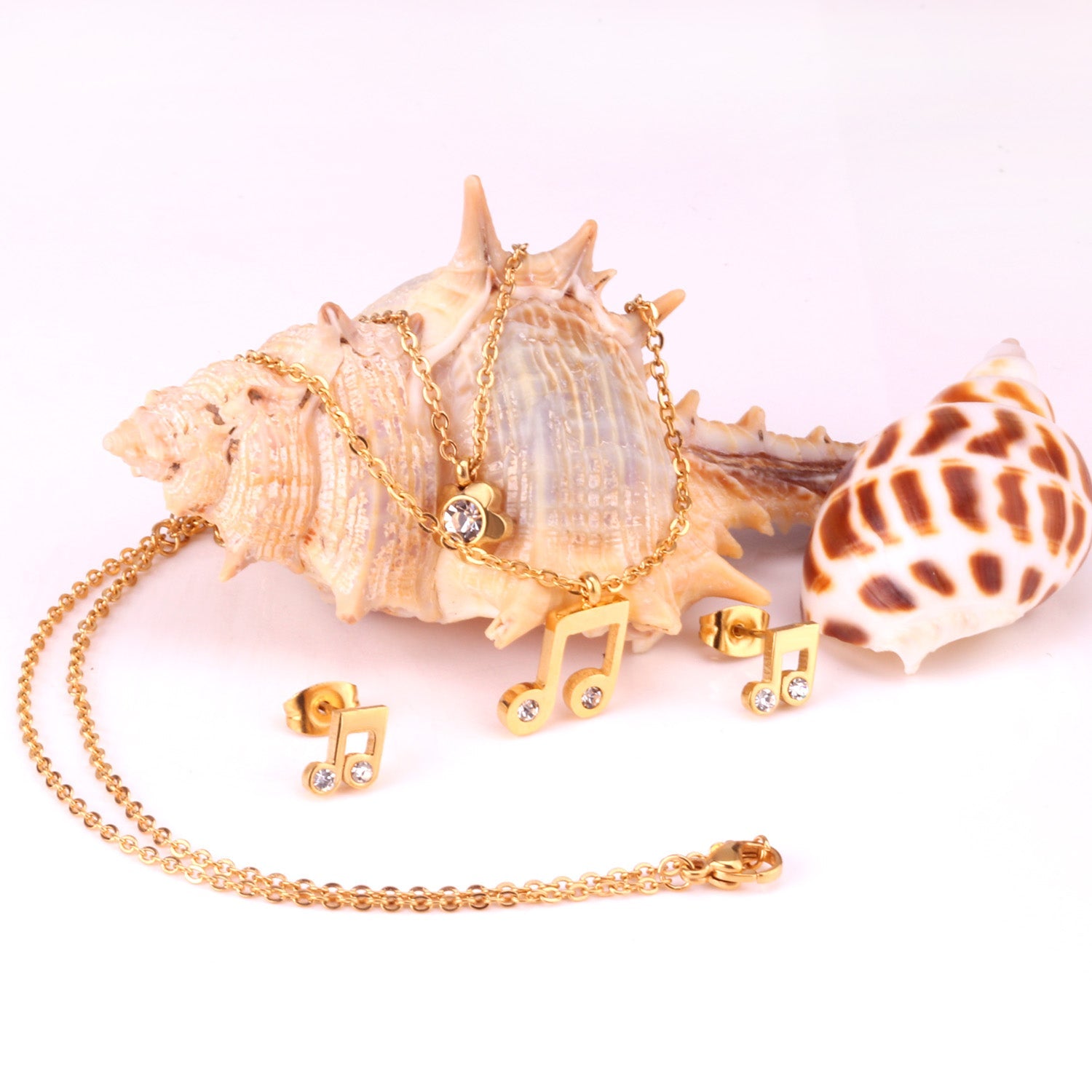 Gold/Steel Two Chain Pendant Jewelry Set with Diamond Music Symbol asonjewelry