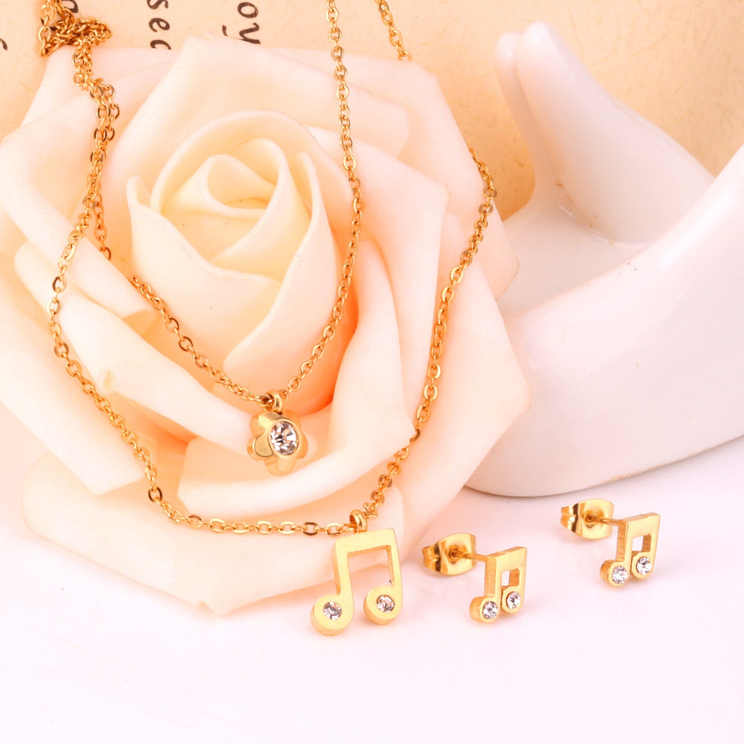 Gold/Steel Two Chain Pendant Jewelry Set with Diamond Music Symbol asonjewelry