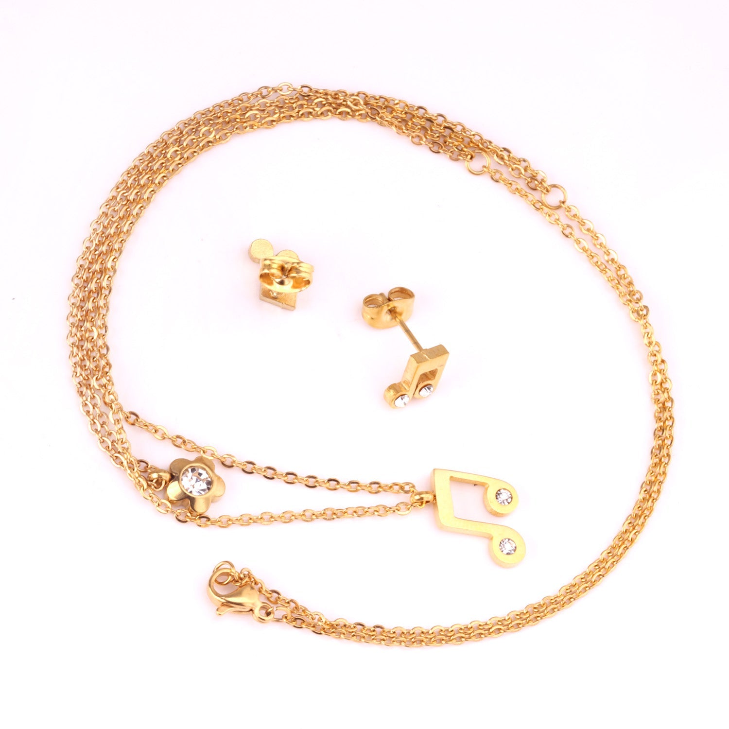 Gold/Steel Two Chain Pendant Jewelry Set with Diamond Music Symbol asonjewelry