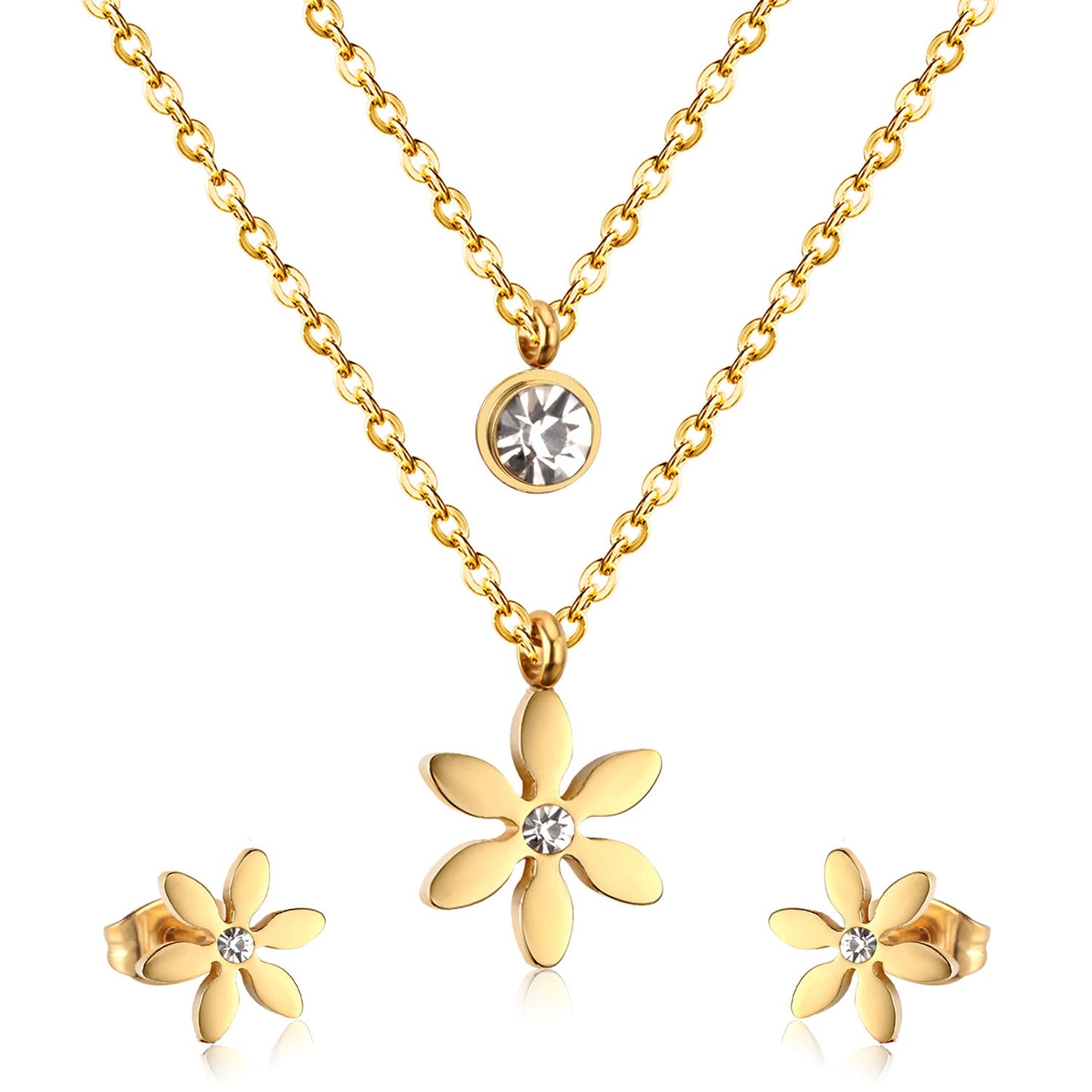 Gold/Steel Two-Chain Pendant Jewelry Set with Diamonds in the Shape of a Snowflake asonjewelry