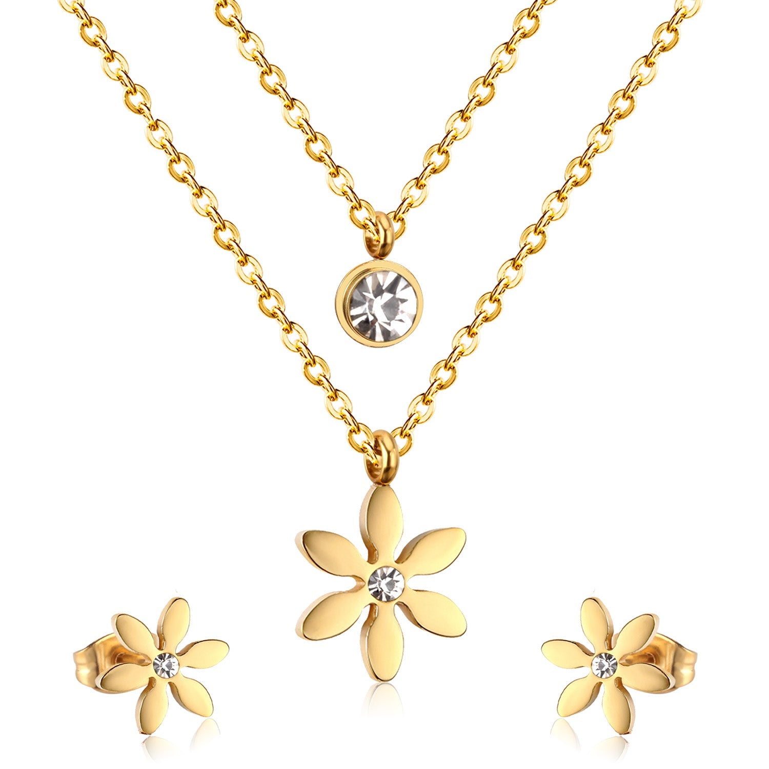 Gold/Steel Two-Chain Pendant Jewelry Set with Diamonds in the Shape of a Snowflake asonjewelry