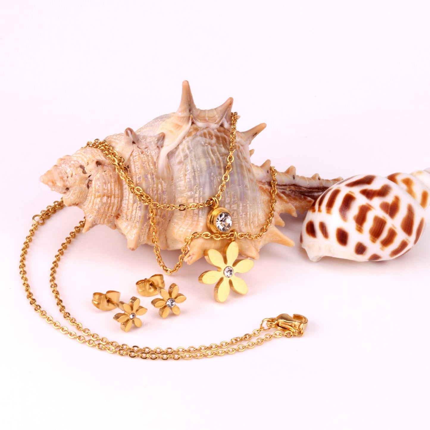 Gold/Steel Two-Chain Pendant Jewelry Set with Diamonds in the Shape of a Snowflake asonjewelry