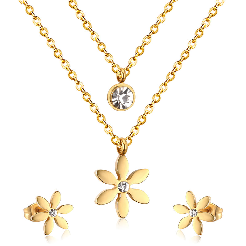 Gold/Steel Two-Chain Pendant Jewelry Set with Diamonds in the Shape of a Snowflake