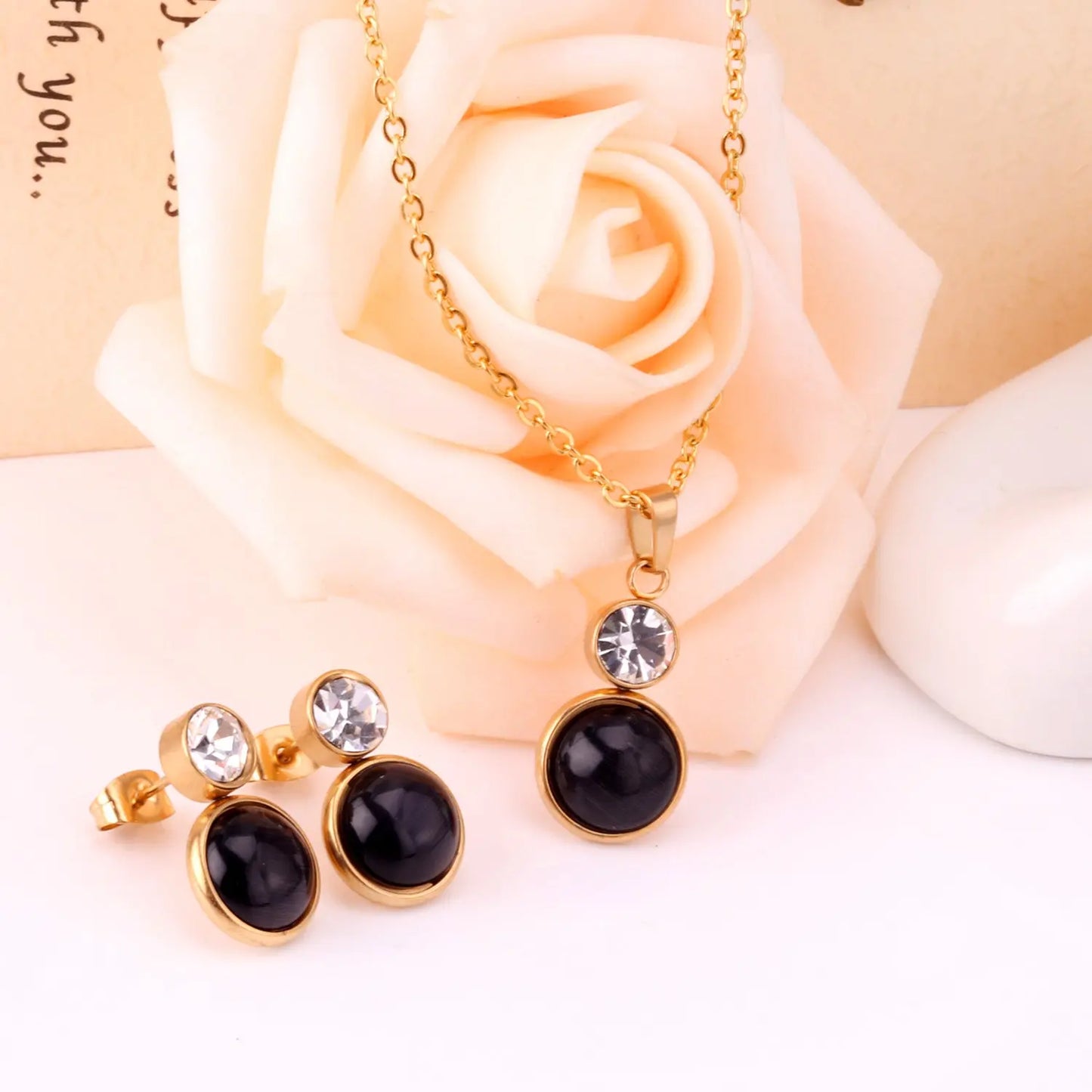 Crystal Opals Stainless Steel Necklaces Earrings Jewellery Sets Dubai Indian Wedding Jewelry Sets For Women Girls asonjewelry