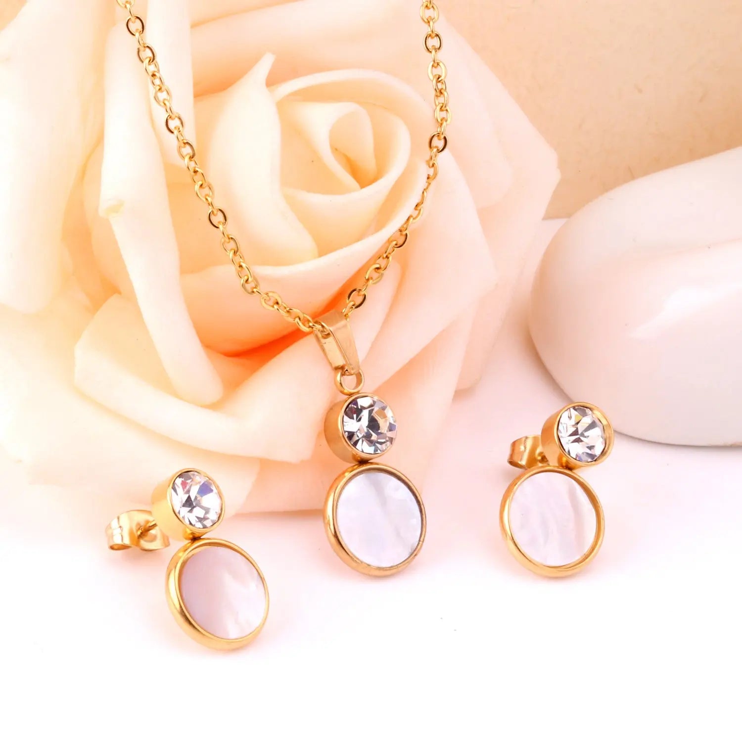 Crystal Opals Stainless Steel Necklaces Earrings Jewellery Sets Dubai Indian Wedding Jewelry Sets For Women Girls asonjewelry