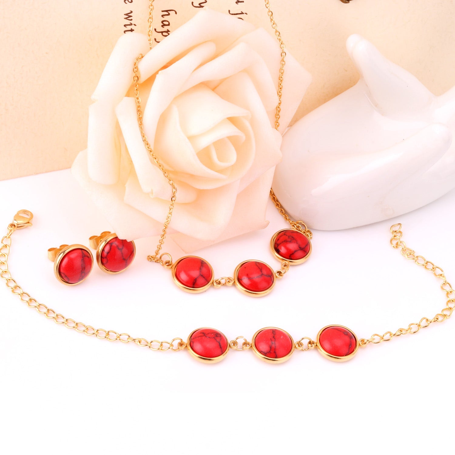 Steel/Gold Deep Red Chrysoberyl/Blue Turquoise/Red Turquoise + Bracelet Jewelry Set asonjewelry