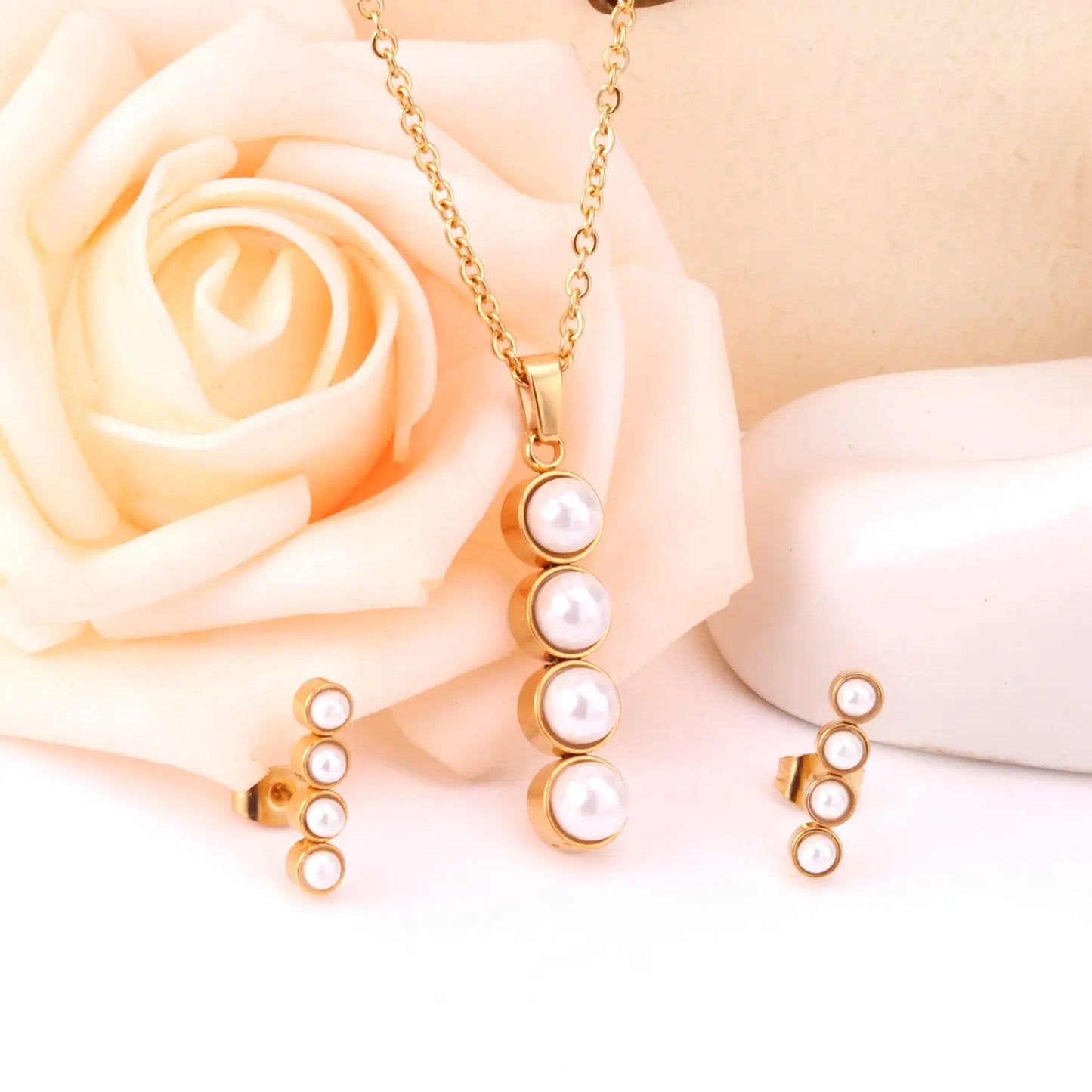 Fashion White Imitation Pearls Crystal Pendant Necklace Stud Earrings For Women Wedding Jewellry Sets bijoux femme asonjewelry