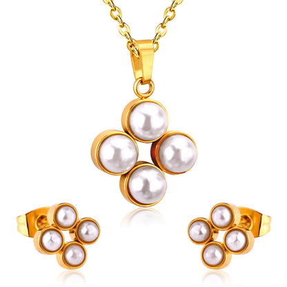 Steel/golden four-flower white pearl+diamond jewelry set asonjewelry