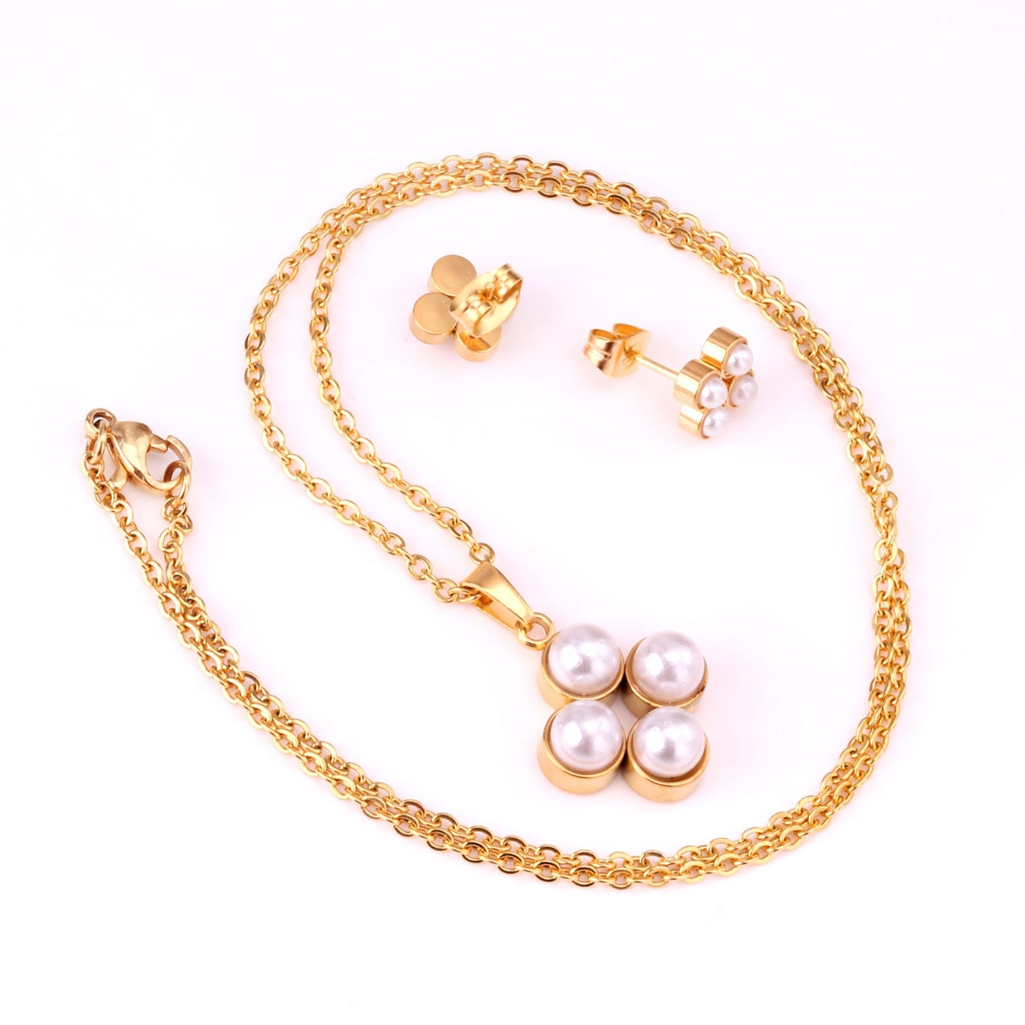 Steel/golden four-flower white pearl+diamond jewelry set asonjewelry