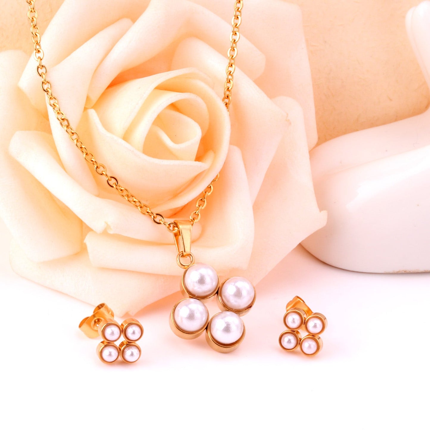 Steel/golden four-flower white pearl+diamond jewelry set asonjewelry