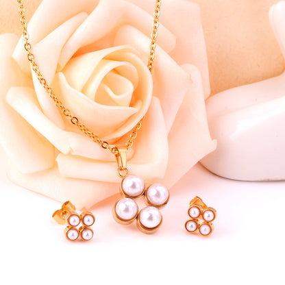 Steel/golden four-flower white pearl+diamond jewelry set asonjewelry
