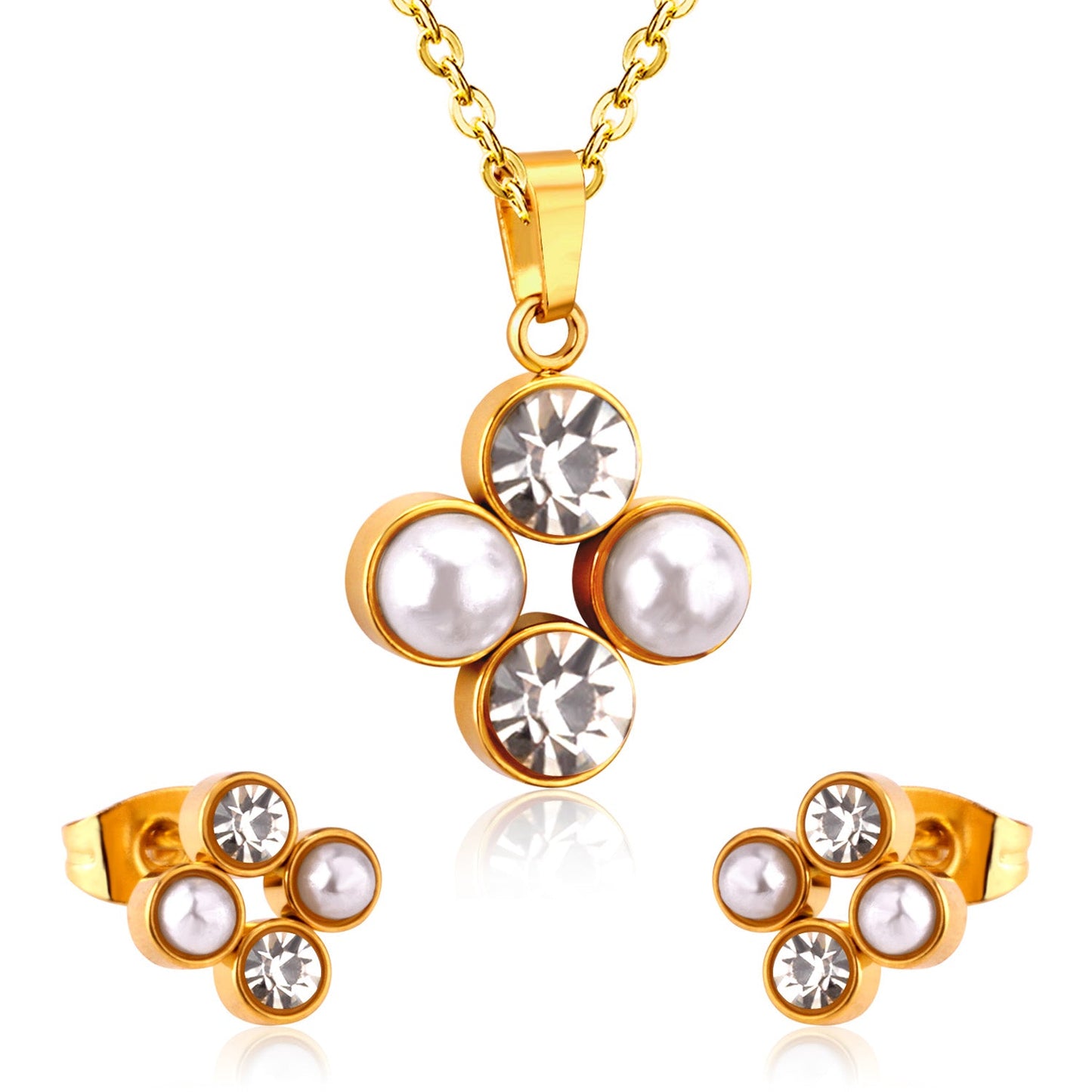 Steel/golden four-flower white pearl+diamond jewelry set asonjewelry
