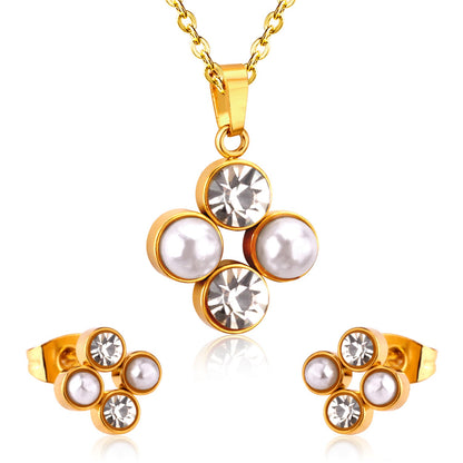 Steel/golden four-flower white pearl+diamond jewelry set asonjewelry