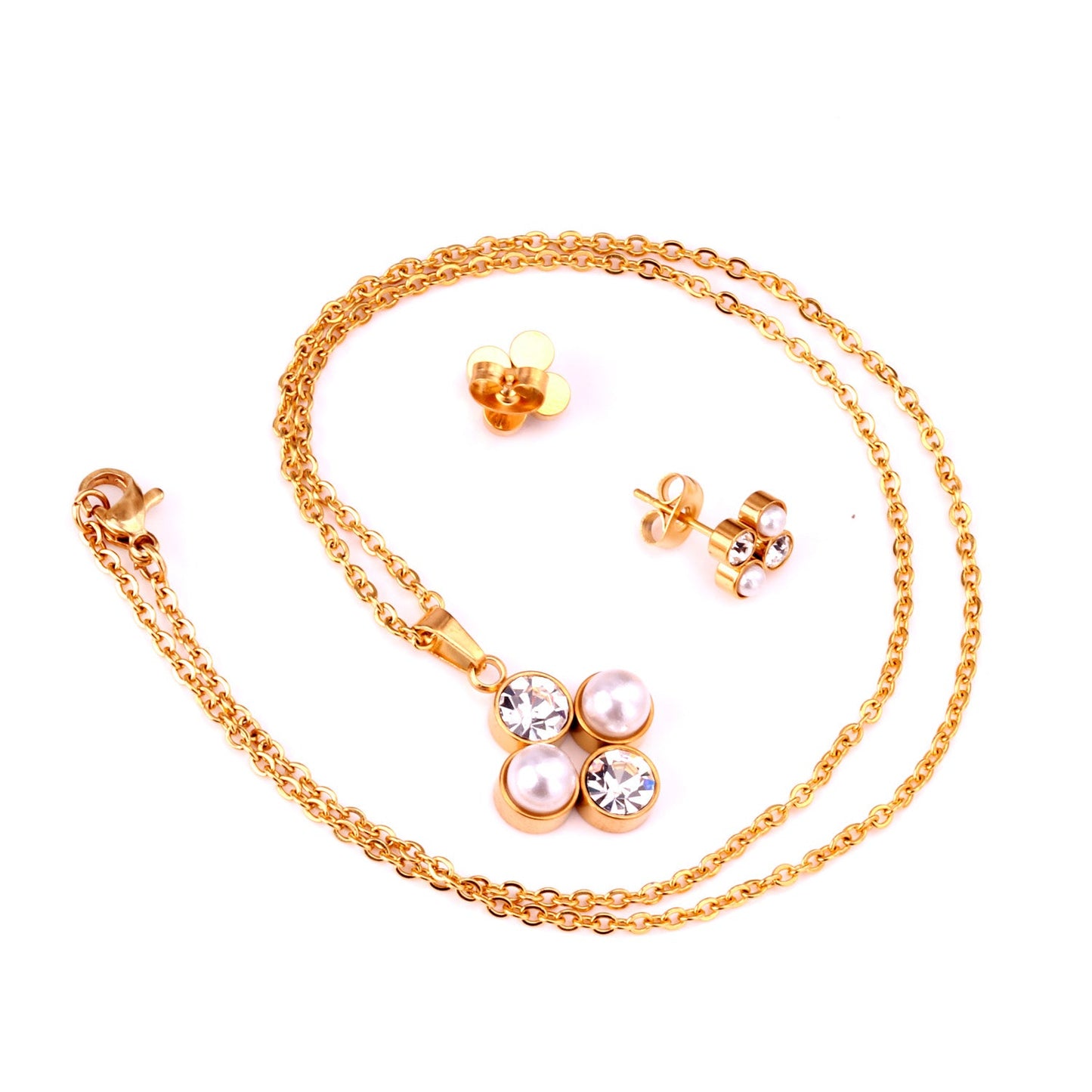 Steel/golden four-flower white pearl+diamond jewelry set asonjewelry