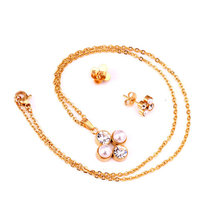Steel/golden four-flower white pearl+diamond jewelry set asonjewelry