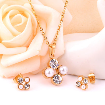 Steel/golden four-flower white pearl+diamond jewelry set asonjewelry
