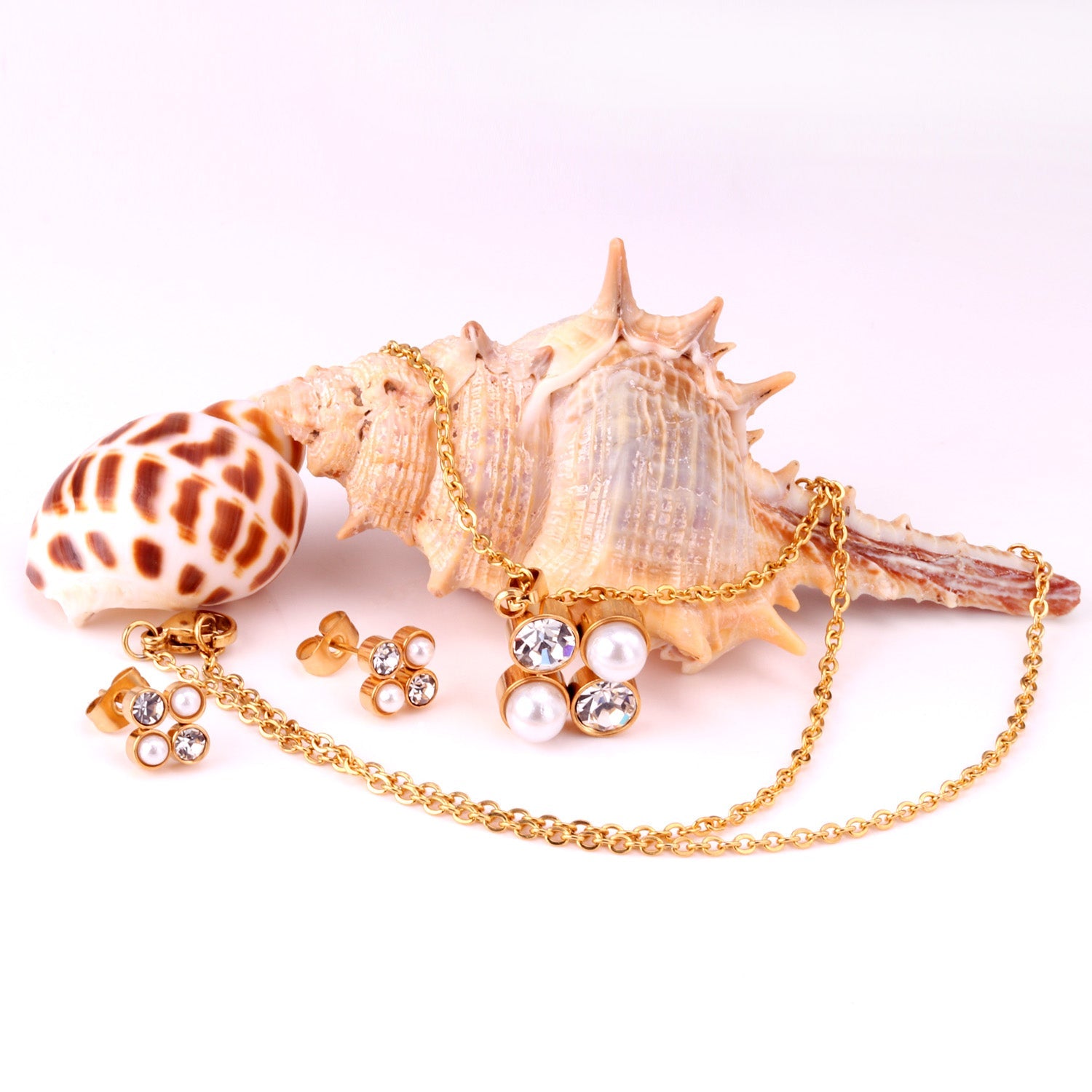 Steel/golden four-flower white pearl+diamond jewelry set asonjewelry