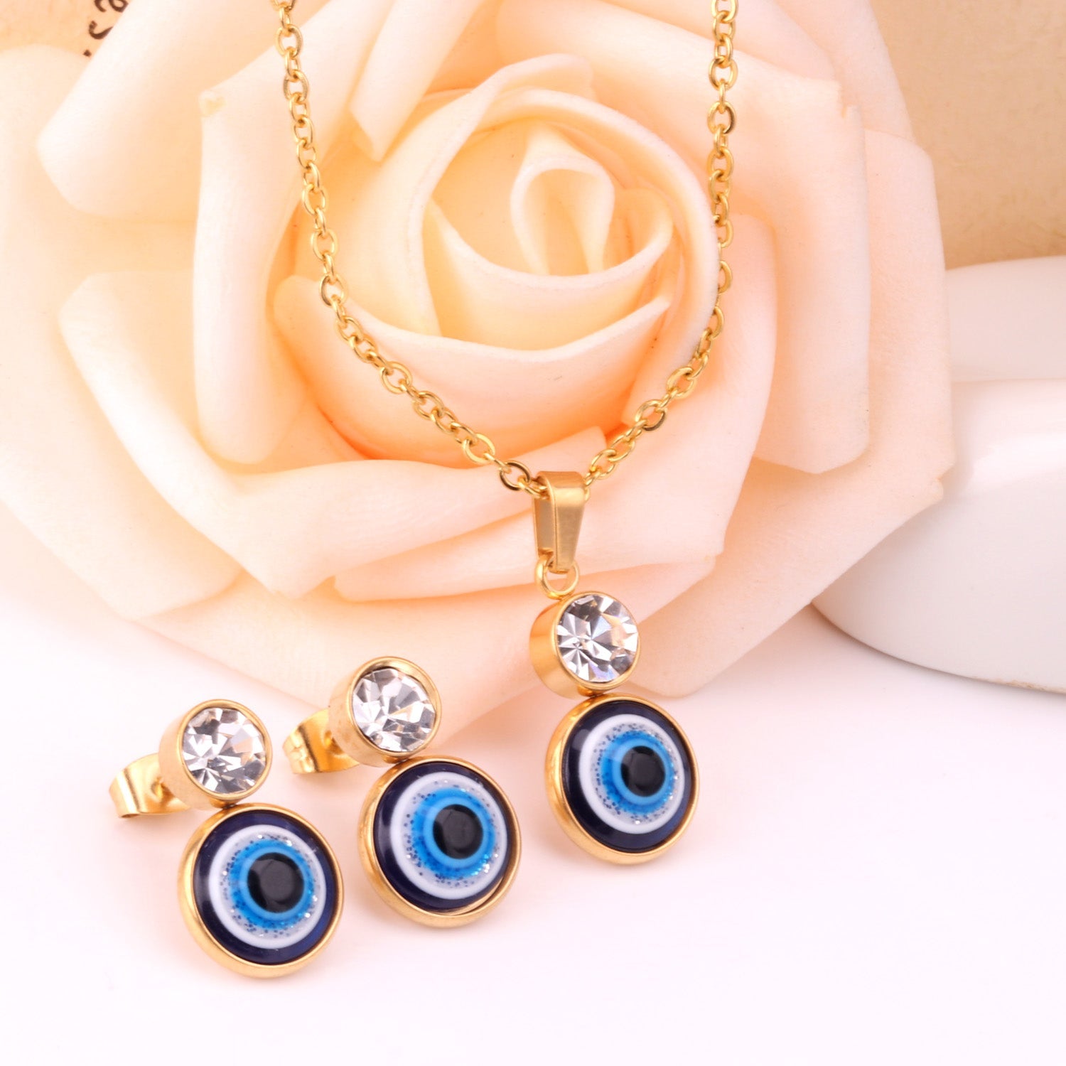 Steel/Golden Glitter Eye Pendant Jewelry Set with Diamonds asonjewelry