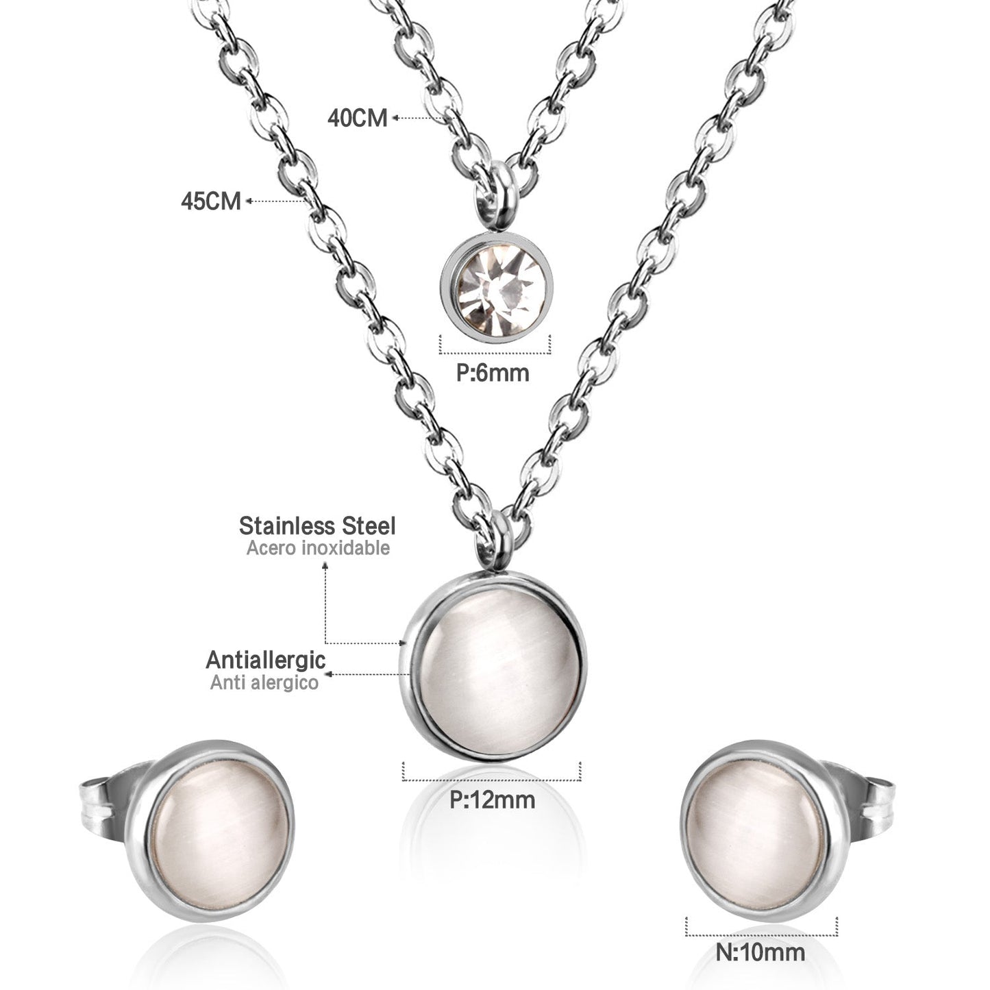 Gold/Steel with Zircon Double Chain White Cat's Eye Stone Jewelry Set asonjewelry