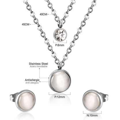 Gold/Steel with Zircon Double Chain White Cat's Eye Stone Jewelry Set asonjewelry