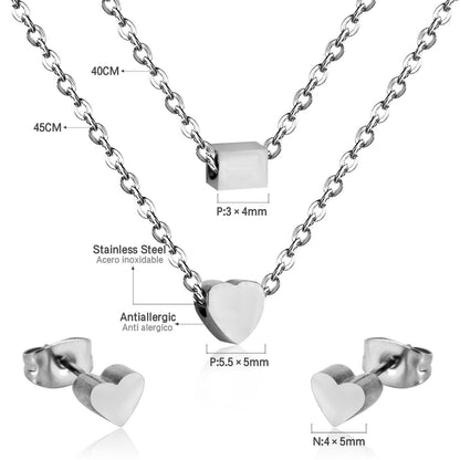Gold/steel two-chain pendant jewelry set with rectangle and heart shapes asonjewelry