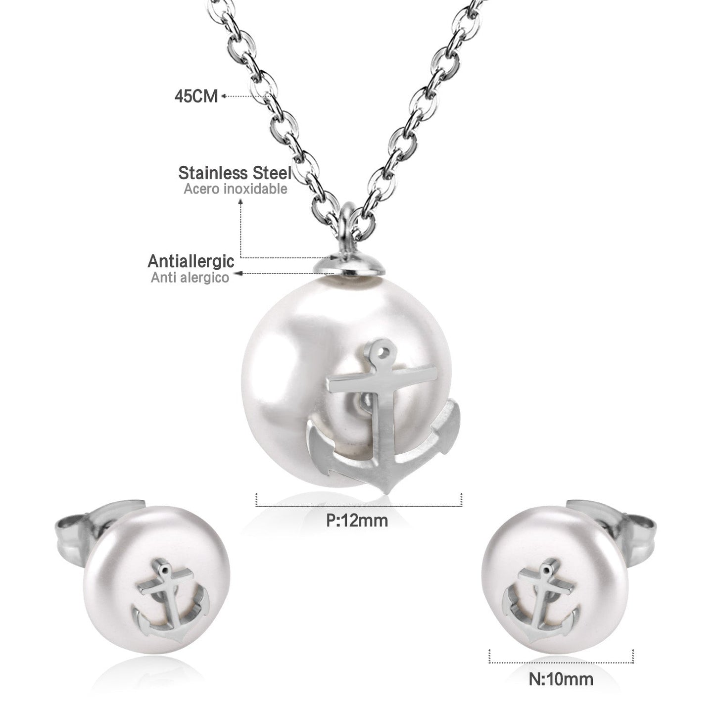 Steel/golden white pearl + anchor cut jewelry set asonjewelry