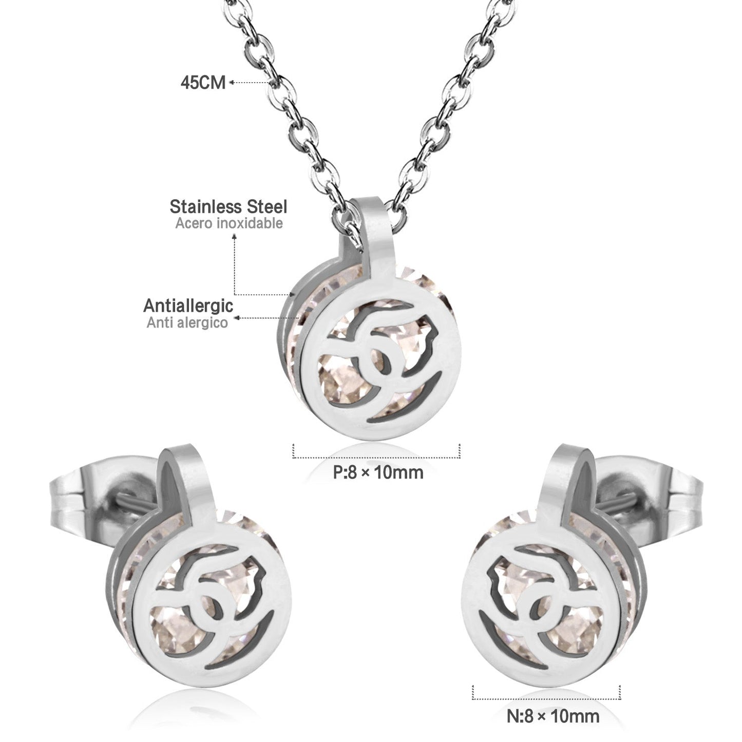 Gold/Steel Round Pendant Jewelry Set with Zirconia asonjewelry