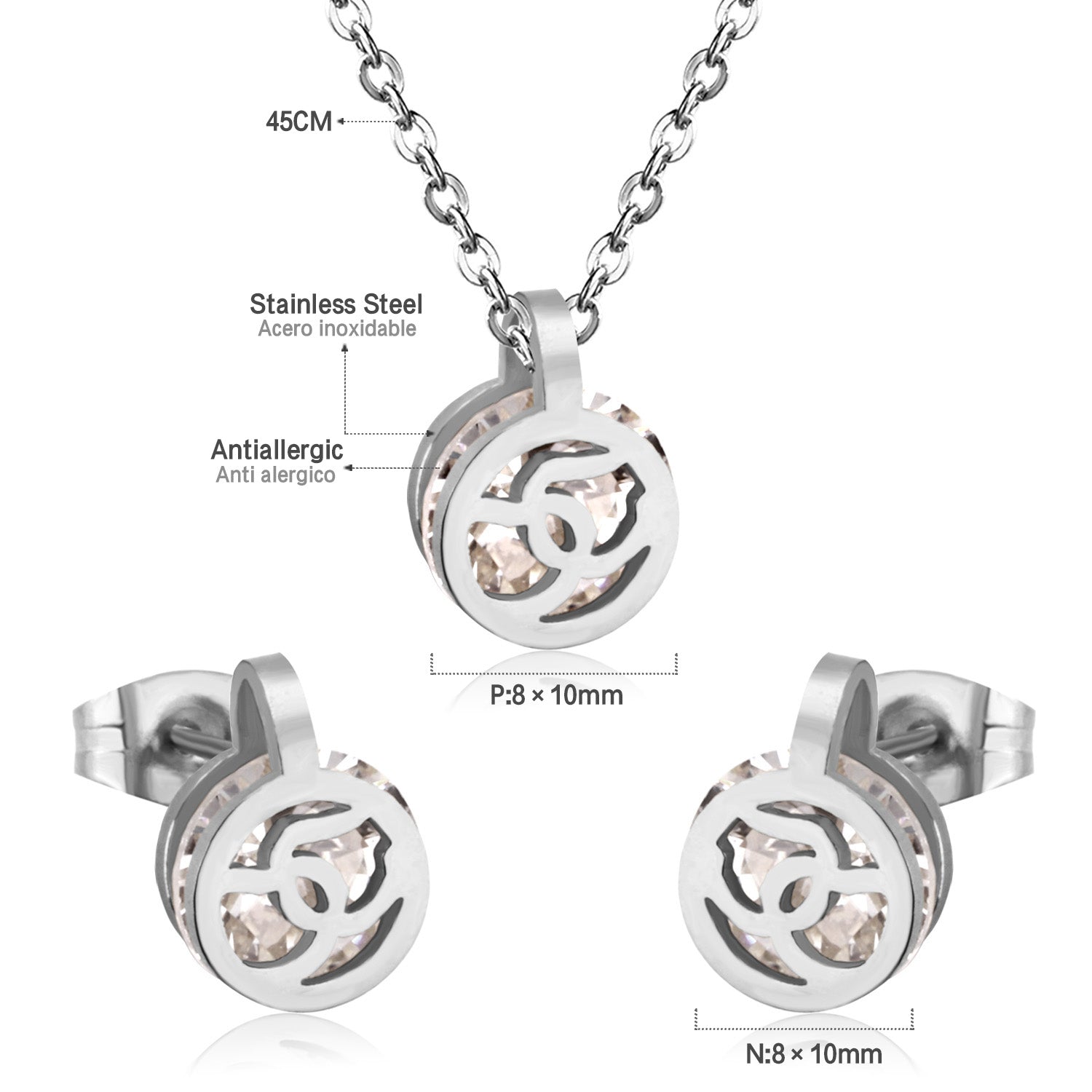 Gold/Steel Round Pendant Jewelry Set with Zirconia asonjewelry