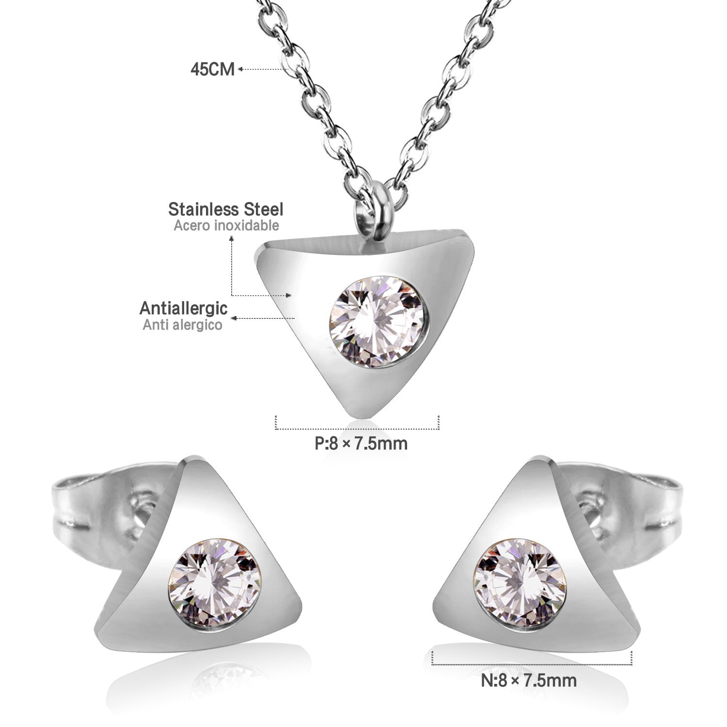 Gold/steel triangle jewelry set with diamond in the center asonjewelry