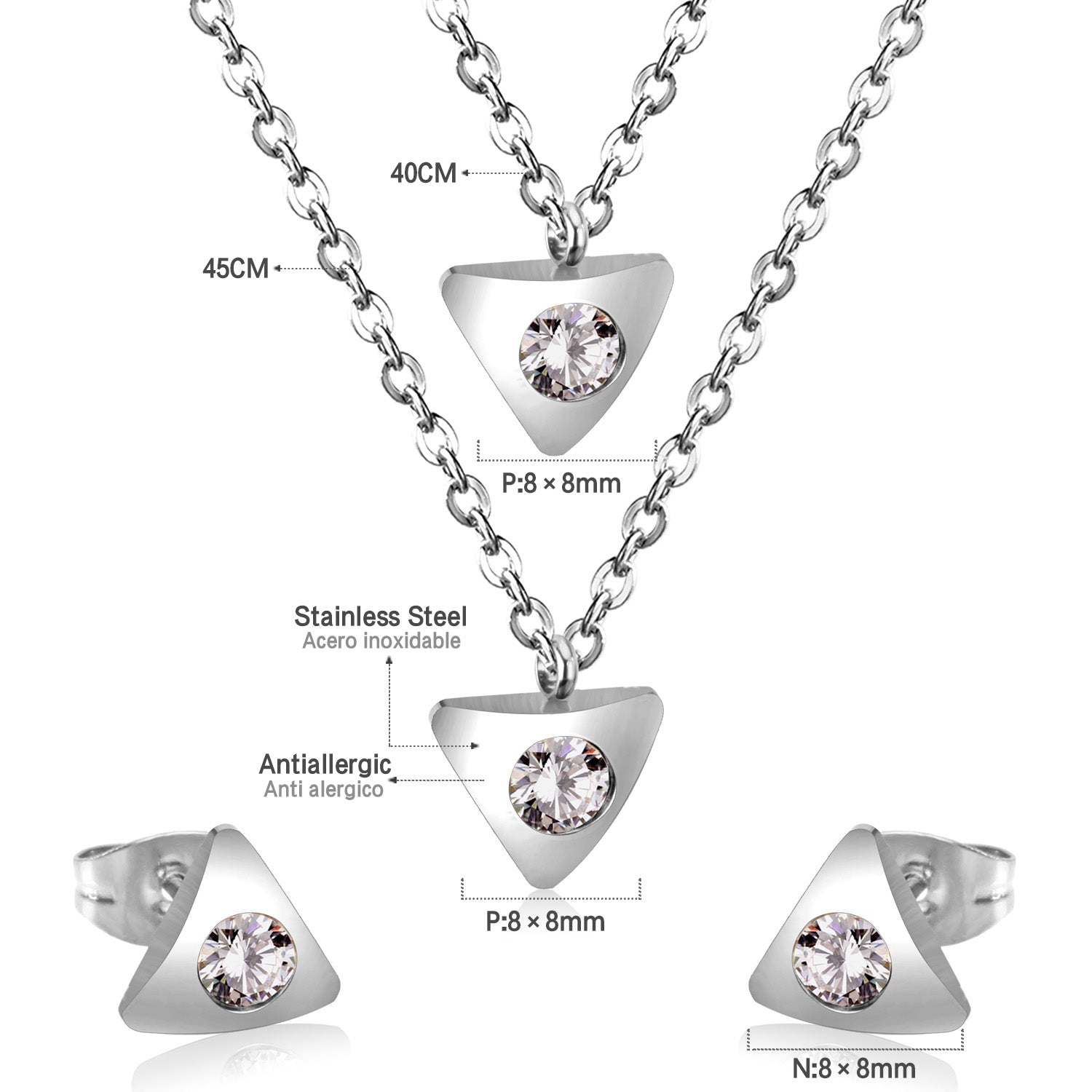 Gold/steel triangle double chain pendant set with diamond in the middle asonjewelry