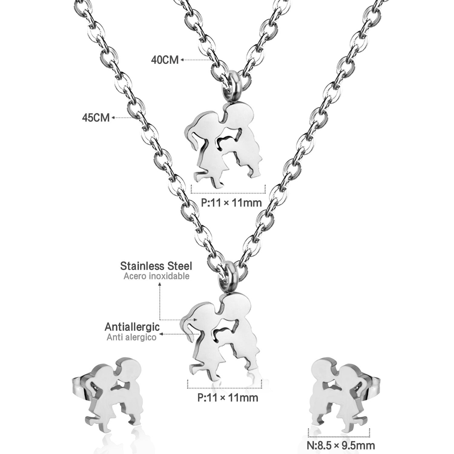 Gold/steel two children playing double chain pendant jewelry set asonjewelry