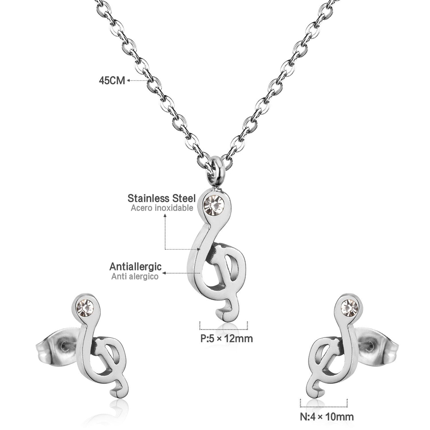 Gold/Steel Music Note Cut Jewelry Set with Diamonds asonjewelry